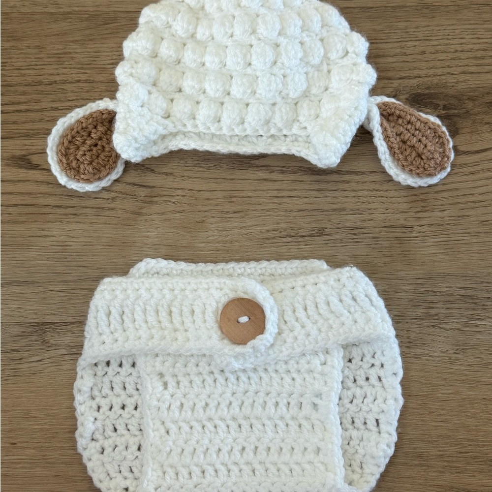 Adorable Baby White and Brown Knit Lamb Hat with a Diaper Cover